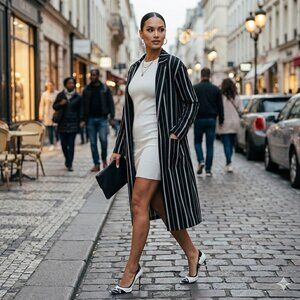 Black Pinstripe Longline Blazer Coat